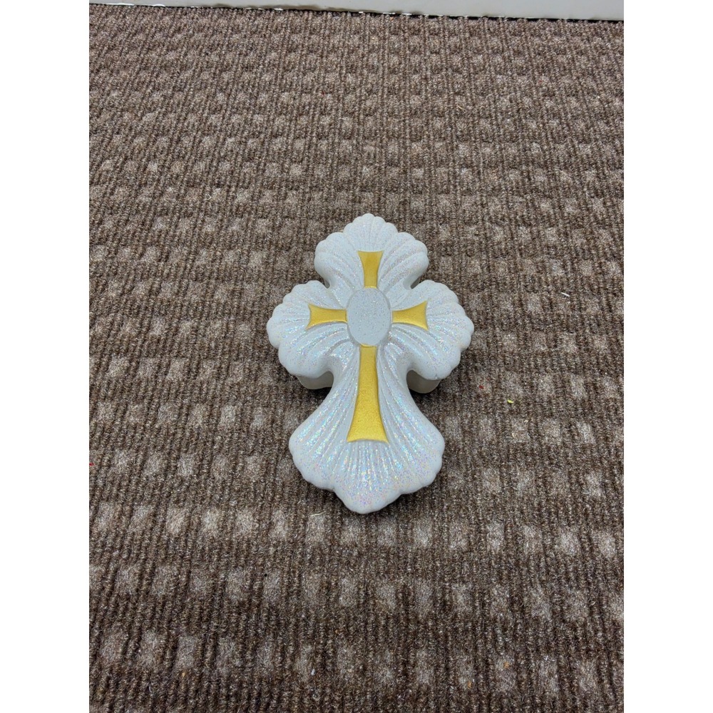 Vintage Holland Mold Ceramic Glitter Cross Trinket Box White Gold Religious